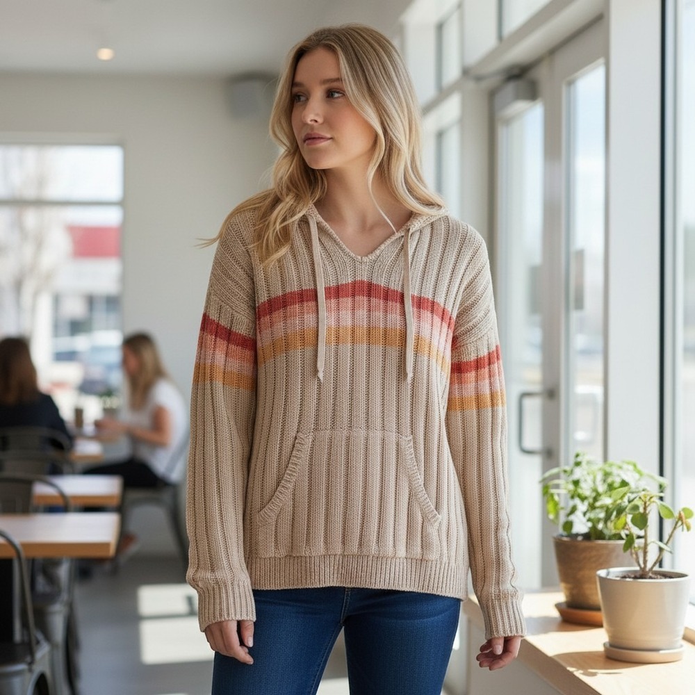 Rip Curl Womens Cream Sunset Stripe Rib Knit Hooded Sweater Size S Surfer Girl